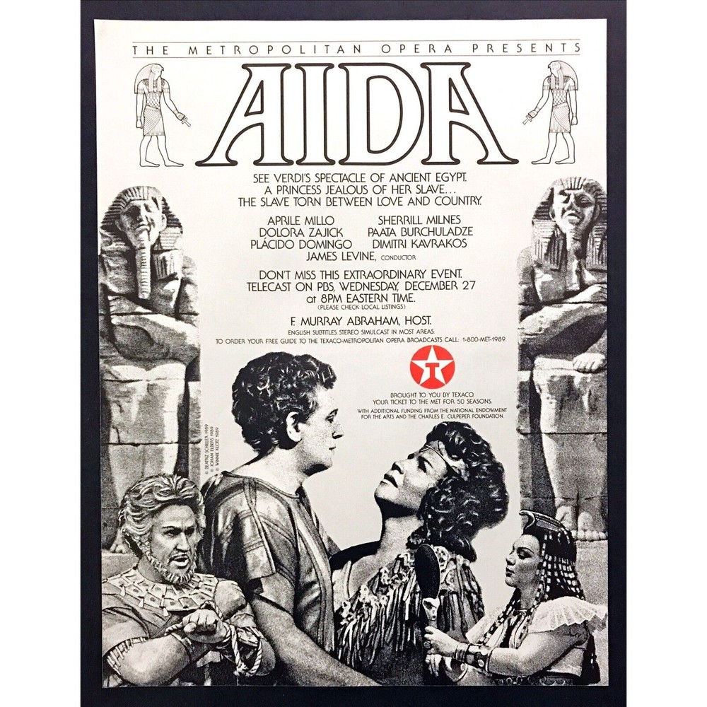 1989 Metropolitan Opera Placido Domingo "AIDA" TV Broadcast by Texaco print ad